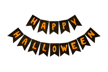 Happy Halloween with cut out letters, paper bat and other decorations isolated on white. paper art, halloween with kids concept