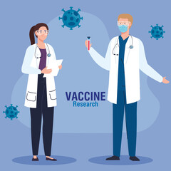 medical vaccine research, couple doctors in development coronavirus covid19 vaccine vector illustration design