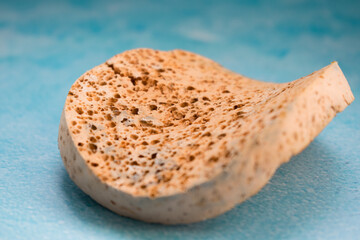 Washing sponge close up on blue background. Cleaning items