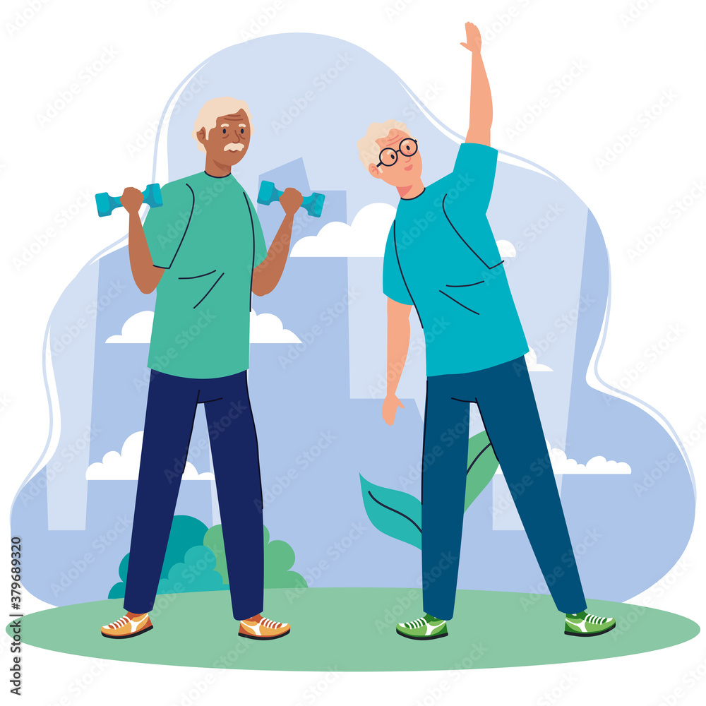 Poster senior men practicing exercise in the outdoor vector illustration design