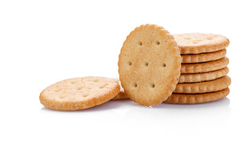 Dry cracker cookies isolated on white background. Saltines isolated. Top view, concept of food. Close-up.