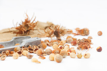 Hazelnuts with nut cracker on white background. Organic hazelnuts with broken hazel shells. Healthy, vegetarian food.