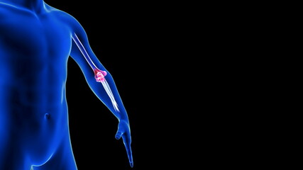Elbow Pain close-up illustration. Blue Human Anatomy Body 3D Scan render on black background