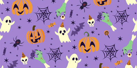 Obraz na płótnie Canvas Halloween seamless pattern design with ghost, skull, pumpkin,bat and zombie hand.Halloween holiday pattern background 