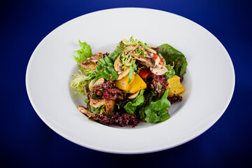 Vegetable salad with mushrooms, bell peppers, onions, lettuce and sauce with mustard seeds.