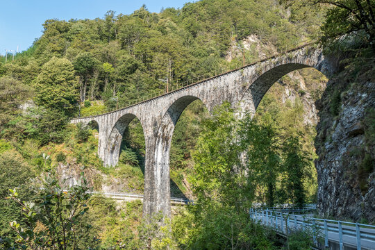 old brick railway bridge in the Centovalli in Switzerland