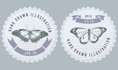Monochrome labels design with illustration of red lacewing, plain tiger