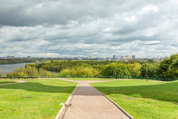 City view from Kolomenskoye park on a cloudy day. Moscow, Russia