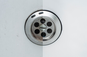Bathroom drain before and after washing. Dirty and dusty before and clean and shiny after washing