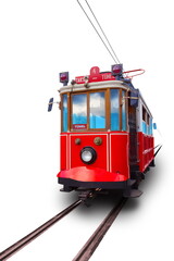 Istanbul red retro tram isolated on white background. Travels between Taksim and Tunnel....