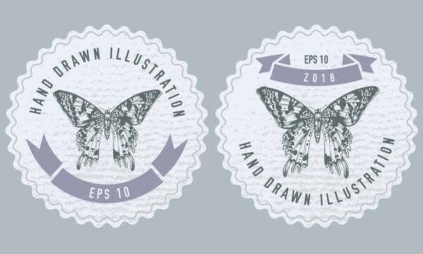 Monochrome labels design with illustration of madagascan sunset moth