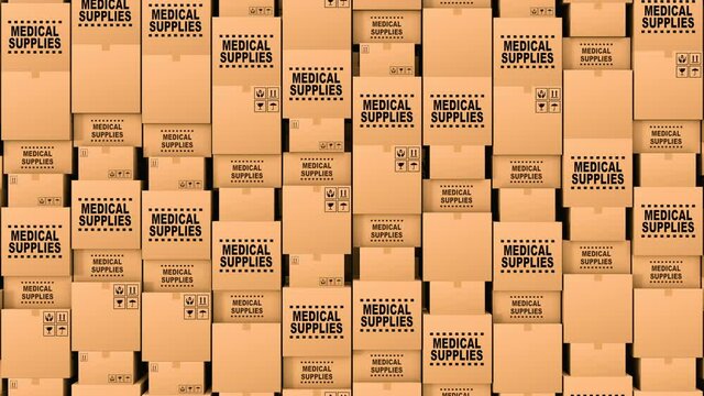 Huge amount of the cardboard boxes with medical supplies and donations. The boxes contains medical masks, gloves, dressing gowns, first aid equipment and vaccine from covid-19 coronavirus, loopable.