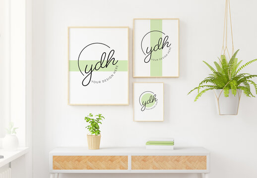 3 Wooden Frames Collage in a Minimalist Room Mockup