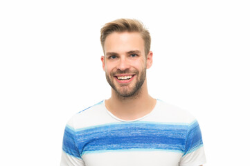 sexy happy man with nice smile on face wearing trendy summer shirt and having cool hairstyle isolated on white background, hairdresser