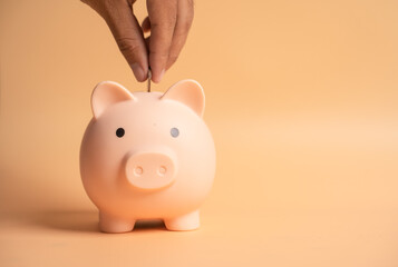 Hand putting coin to piggy bank