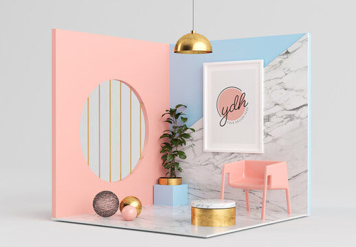 Frame Mockup on Pink, Blue and Marble Surreal Room