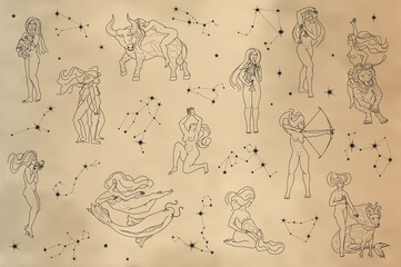 Girls Zodiac Signs Set. Women Silhouettes As Zodiac Symbols. Outline Vector Collection. Illustration with Astrological Concept. Design Elements For Horoscope, Logotypes, Icons, Prints.