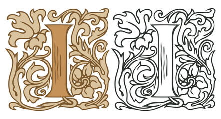 Initial letter I with vintage Baroque decorations. Two vector uppercase letters I in beige and black-white colors. Beautiful filigree capital letter to use for monogram, logo, emblem, card, invitation