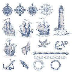 Set of decorative elements for menu design in a marine style. Old ship, lighthouse, wheel, compass meter, frames for inscriptions. - obrazy, fototapety, plakaty