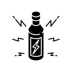 Energy drink black glyph icon. Beverage for power boost. Bottle with bolt sign. Energetic effect. Bottled liquid for stamina. Silhouette symbol on white space. Vector isolated illustration