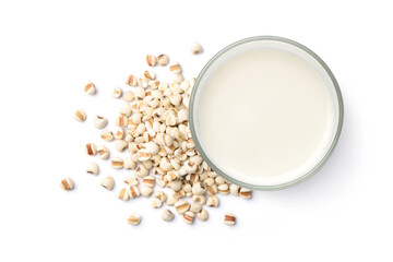 Flat lay (top view) Glass of Job's tears ( Adlay millet) cereal beverage with seeds isolated on...