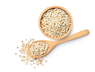 Flat lay (top view) of Job's tears  in wooden bowl and spoon on white background.