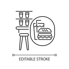 Snack bar linear icon. Onboard restaurant wagon for passengers. Railroad transportation service thin line customizable illustration. Contour symbol. Vector isolated outline drawing. Editable stroke