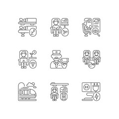 Railroad travel linear icons set. Affordable and first class train services customizable thin line contour symbols. Railway transportation. Isolated vector outline illustrations. Editable stroke