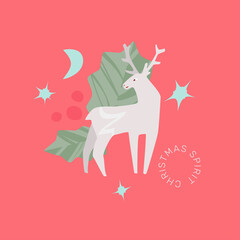 Christmas Deer And Holly Leaves Card