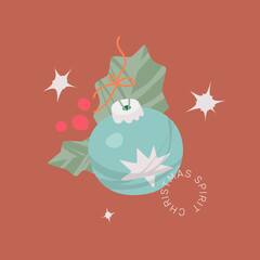 Christmas Ornament And Holly Leaves Card