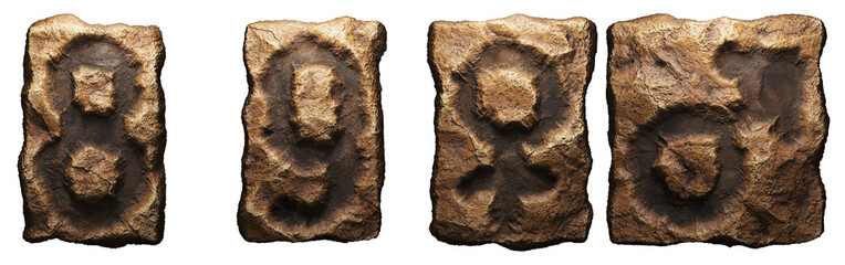 Set of rocky numbers 8, 9 and symbols female, male . Font of stone on white background. 3d