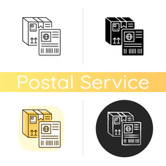 Shipping label chalk white icon. Linear black and RGB color styles. Postal service, commercial shipment ID. Unique tag with information about package. Cardboard box isolated vector illustrationss