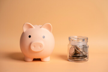 Pink piggy bank on dollars