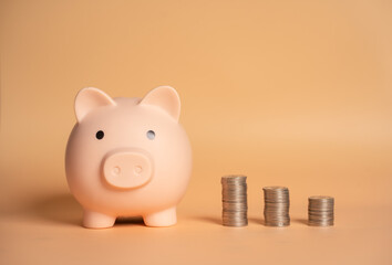 Pink piggy bank on dollars