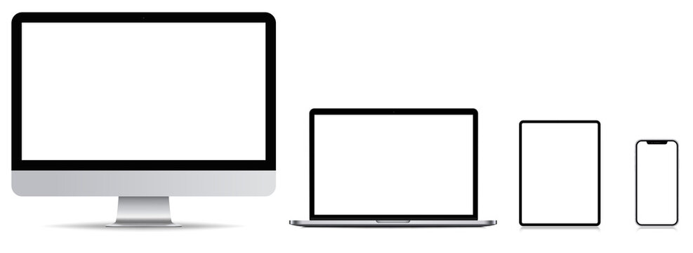 Mockup of Realistic Computer, Monitor, Laptop, Tablet and smartphone with blank screen Isolated on white background. Set of Device Mockup Separate Groups and Layers. Easily Editable Vector. Vector ill