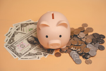 Pink piggy bank on dollars