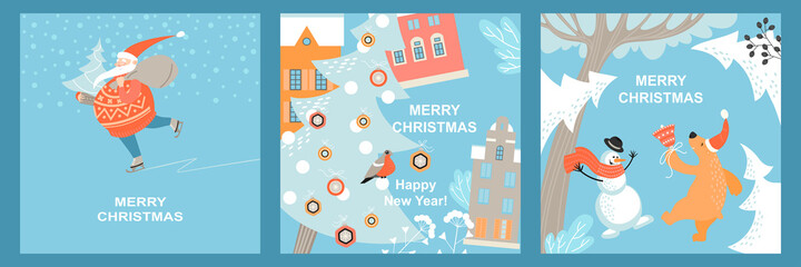 Set of vector greeting cards for Christmas and Happy New Year with funny Santa Claus, bear and snowman on the background of winter landscapes