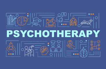 Psychotherapy word concepts banner. Professional psychological testing and treatment infographics with linear icons on blue background. Isolated typography. Vector outline RGB color illustration