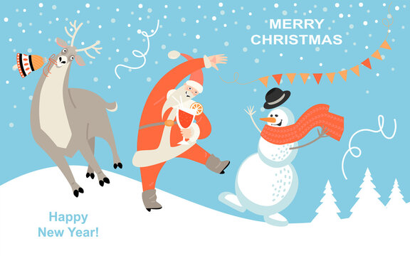 Vector greeting banner for Christmas and New Year with funny Santa Claus, deer and snowman © naidzionysheva