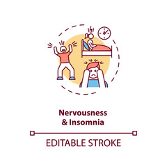 Nervousness and insomnia concept icon. Nervous exhaustion idea thin line illustration. Sleeplessness. Restlessness. Stress and anxiety. Vector isolated outline RGB color drawing. Editable stroke
