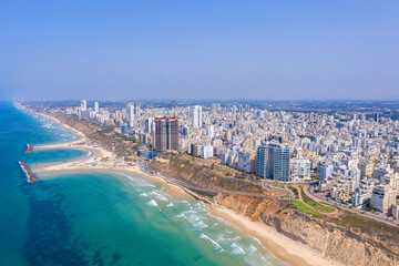 Aerial view of Netanya cliffside coastline, Israel.
