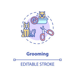 Grooming concept icon. Pet services. Animal health care salon. Little friends health. Vetirenary idea thin line illustration. Vector isolated outline RGB color drawing. Editable stroke