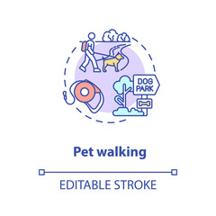 Pet walking concept icon. Pet services. Animal best activity types. Little friends fun time. Games idea thin line illustration. Vector isolated outline RGB color drawing. Editable stroke