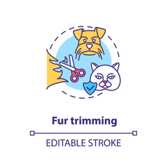 Fur trimming concept icon. Grooming services types. Furry animals hairstyle. Pet salon. Veterenary service idea thin line illustration. Vector isolated outline RGB color drawing. Editable stroke