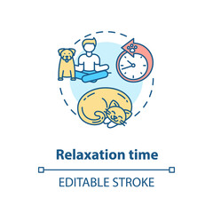 Relaxation time concept icon. Dogs day camp services. Lounge zone. Animal receiving new strength. Sleeping idea thin line illustration. Vector isolated outline RGB color drawing. Editable stroke