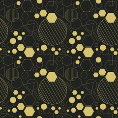 Line and isolated golden like color dense geometrical shapes icons seamless pattern on black background