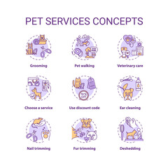 Pet services concept icons set. Grooming salon services app. Grooming services types. Animale care idea thin line RGB color illustrations. Vector isolated outline drawings. Editable stroke