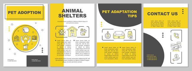 Pet adoption service brochure template. Animal shelters. Volunteering. Flyer, booklet, leaflet print, cover design with linear icons. Vector layouts for magazines, annual reports, advertising posters