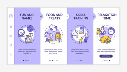 Dogs day camp services onboarding vector template. Fun and games. Food and treats. Skills training. Responsive mobile website with icons. Webpage walkthrough step screens. RGB color concept