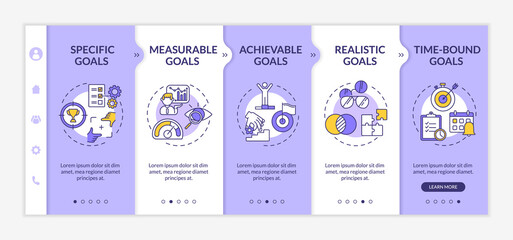 Naklejka premium Smart goals definition onboarding vector template. Communication strategy. Specific goals. Responsive mobile website with icons. Webpage walkthrough step screens. RGB color concept
